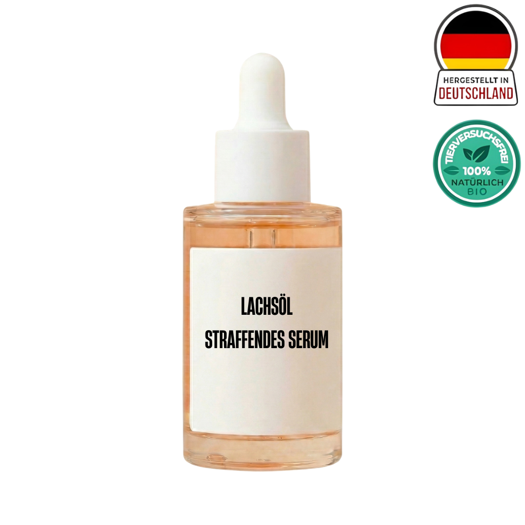 Lachsöl straffendes Serum in einer Glasflasche mit Pipette, hergestellt in Deutschland.