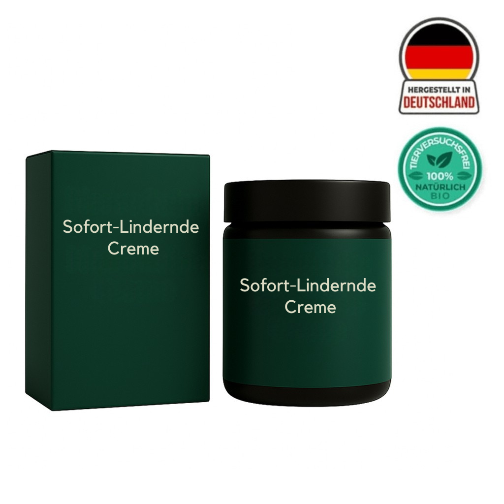 Sofort-Lindernde Creme in einem Glasbehälter und Verpackung, hergestellt in Deutschland, 100% natürlich und bio.