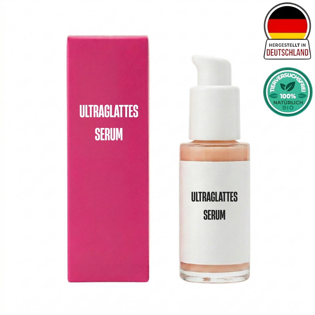 Ultraglattes Serum in einer Glasflasche neben der pinken Verpackung, ideal für eine glatte, strahlende Haut.