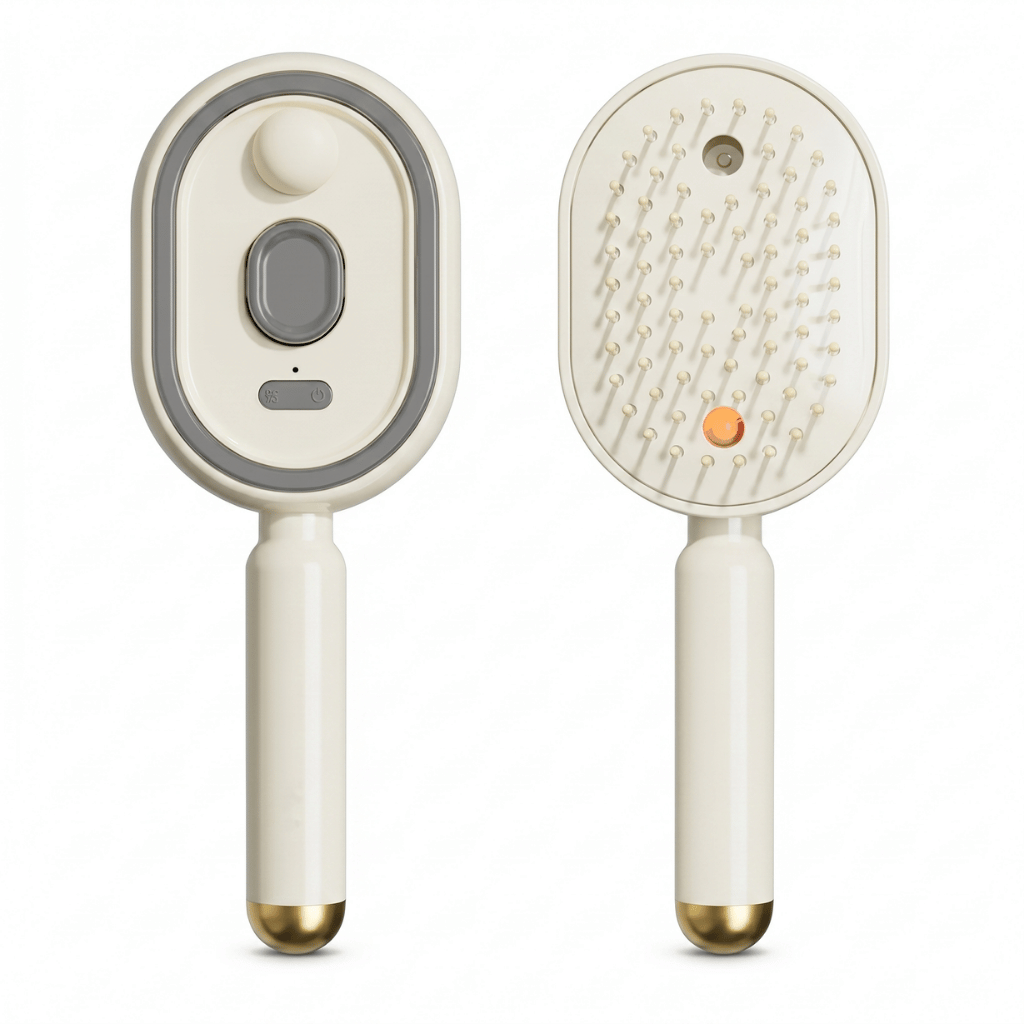 Elektrische Sprüh-Massagebürste mit ergonomischem Design und integrierten Entwirrungsborsten zur Haarpflege.