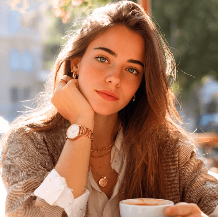 Junge Frau mit braunen Haaren und einem Kaffee in einem Café, in entspannter Pose mit glamourösem Schmuck.