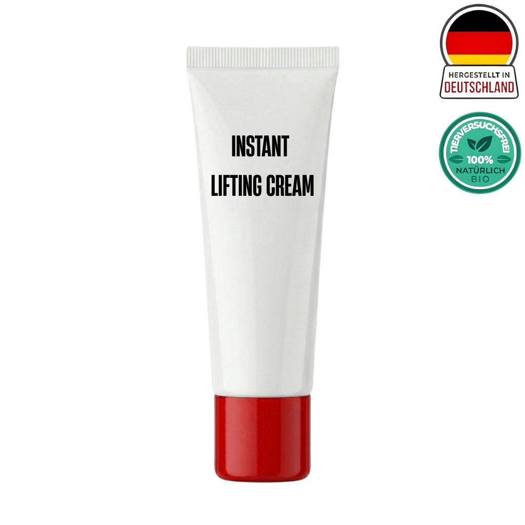 Sofort straffende Creme in einer weißen Tube mit rotem Verschluss, hergestellt in Deutschland.