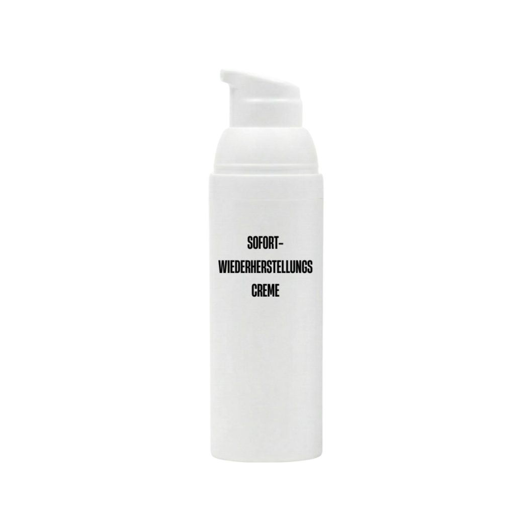 Sofort-Wiederherstellungscreme in einer weißen Pumpflasche für sanfte Hautpflege.