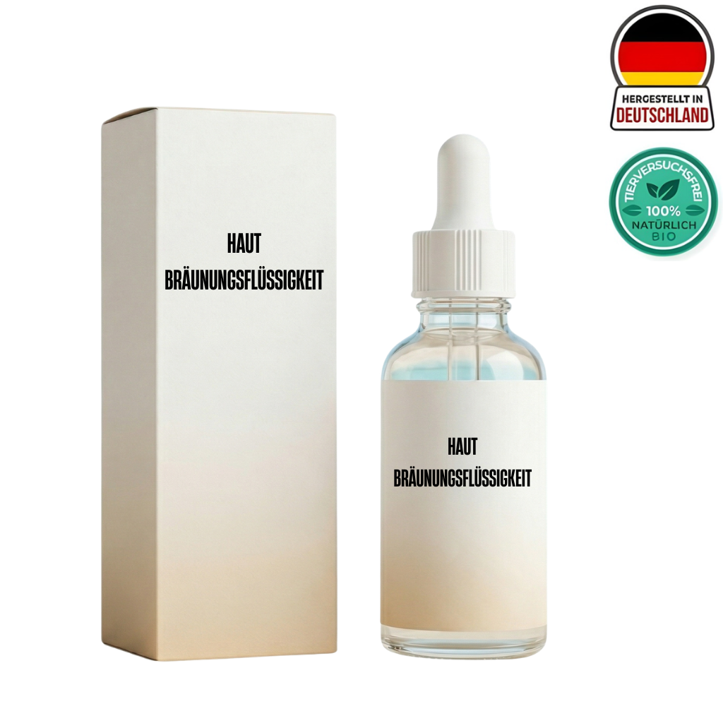 Hautbräunungsflüssigkeit im Glasfläschchen mit Pipette und Verpackung, für einen natürlichen Glow.