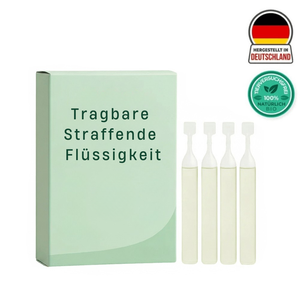Tragbare Straffende Flüssigkeit Verpackung mit vier Ampullen, 100% natürlich und bio, hergestellt in Deutschland.