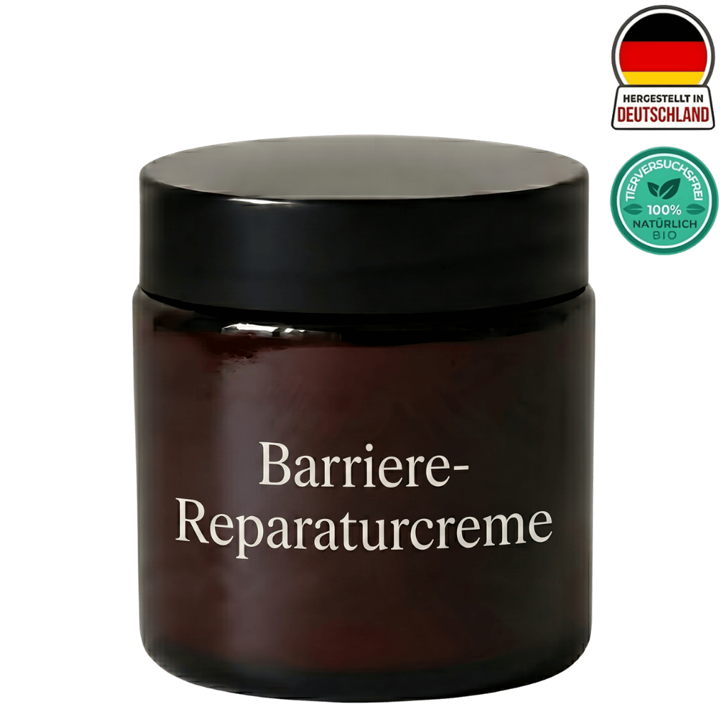 Barriere-Reparaturcreme in einem eleganten Glasbehälter, für straffere und geschmeidige Hautpflege.
