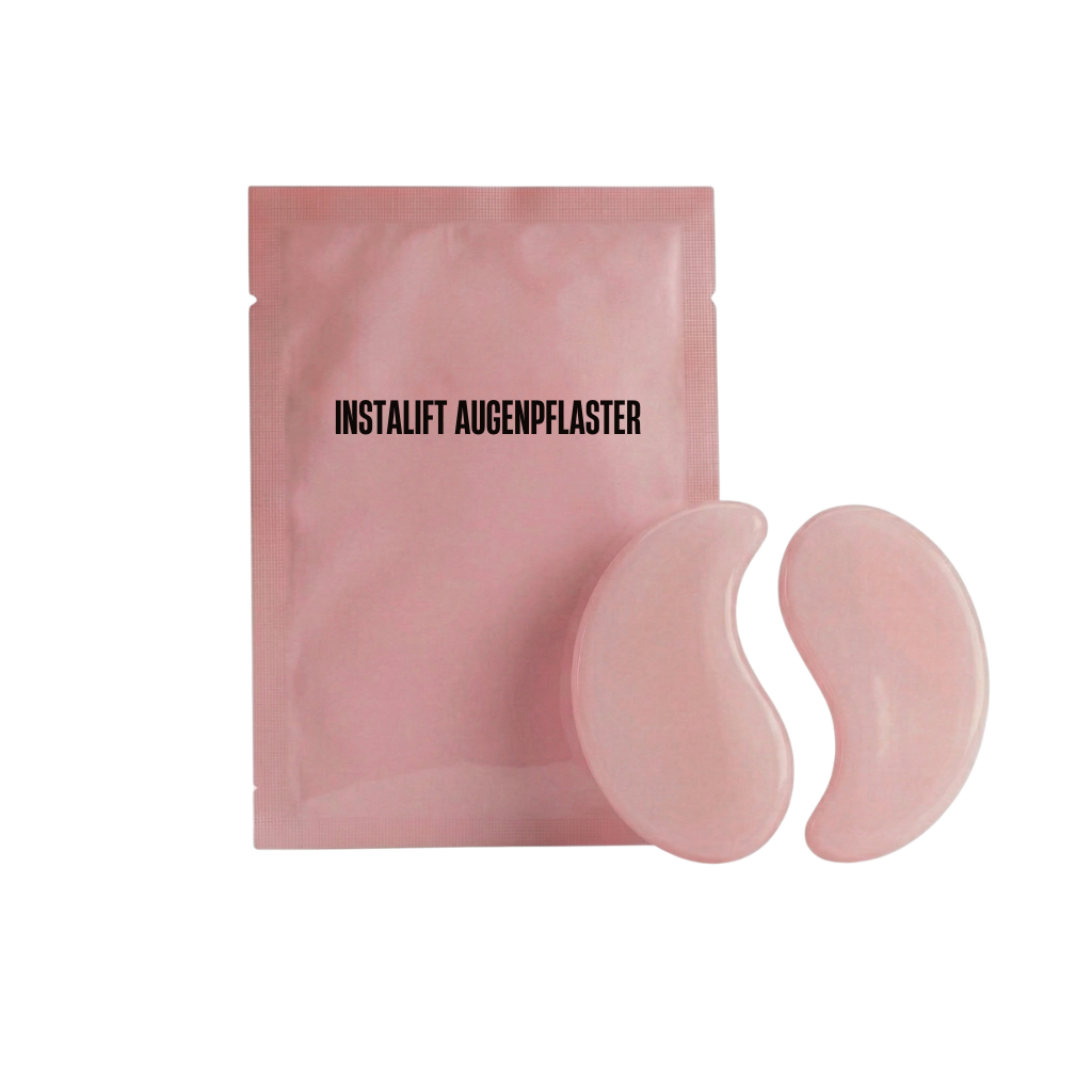 InstaLift Augenpflaster in pink packaging with two under-eye patches displayed.