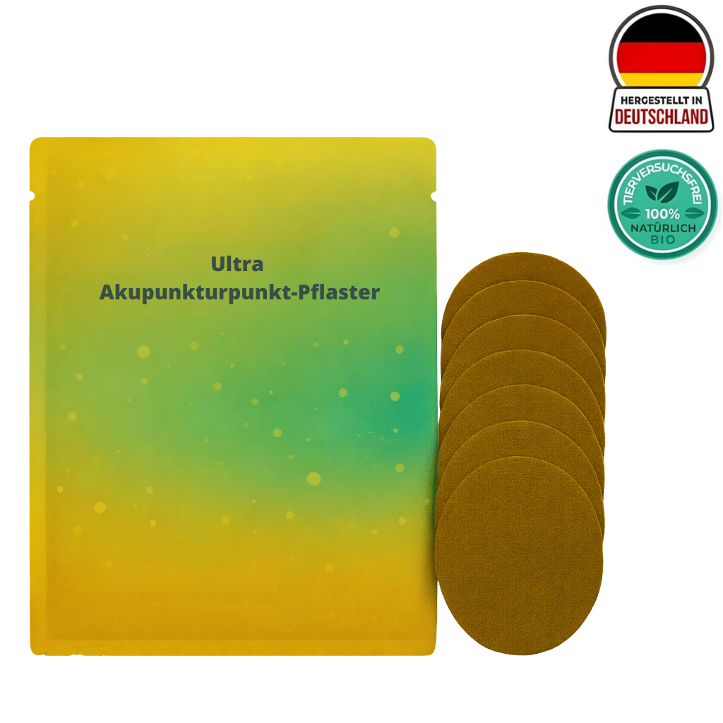 Ultra Akupunkturpunkt-Pflaster verpackt mit fünf runden Pflastern auf einem bunten Hintergrund.