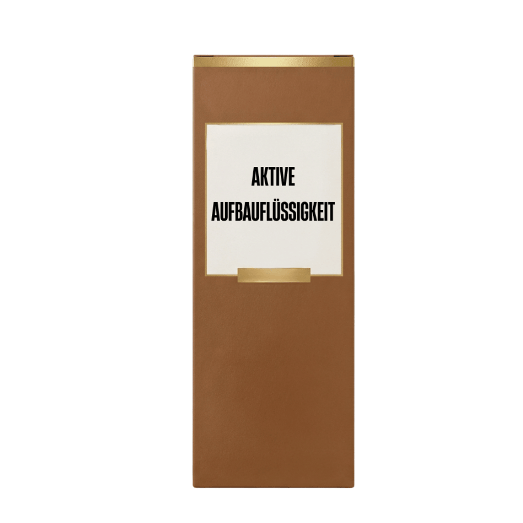 Aktive Aufbauflüssigkeit Produktverpackung in Braun mit goldener Schrift auf einem weißen Hintergrund