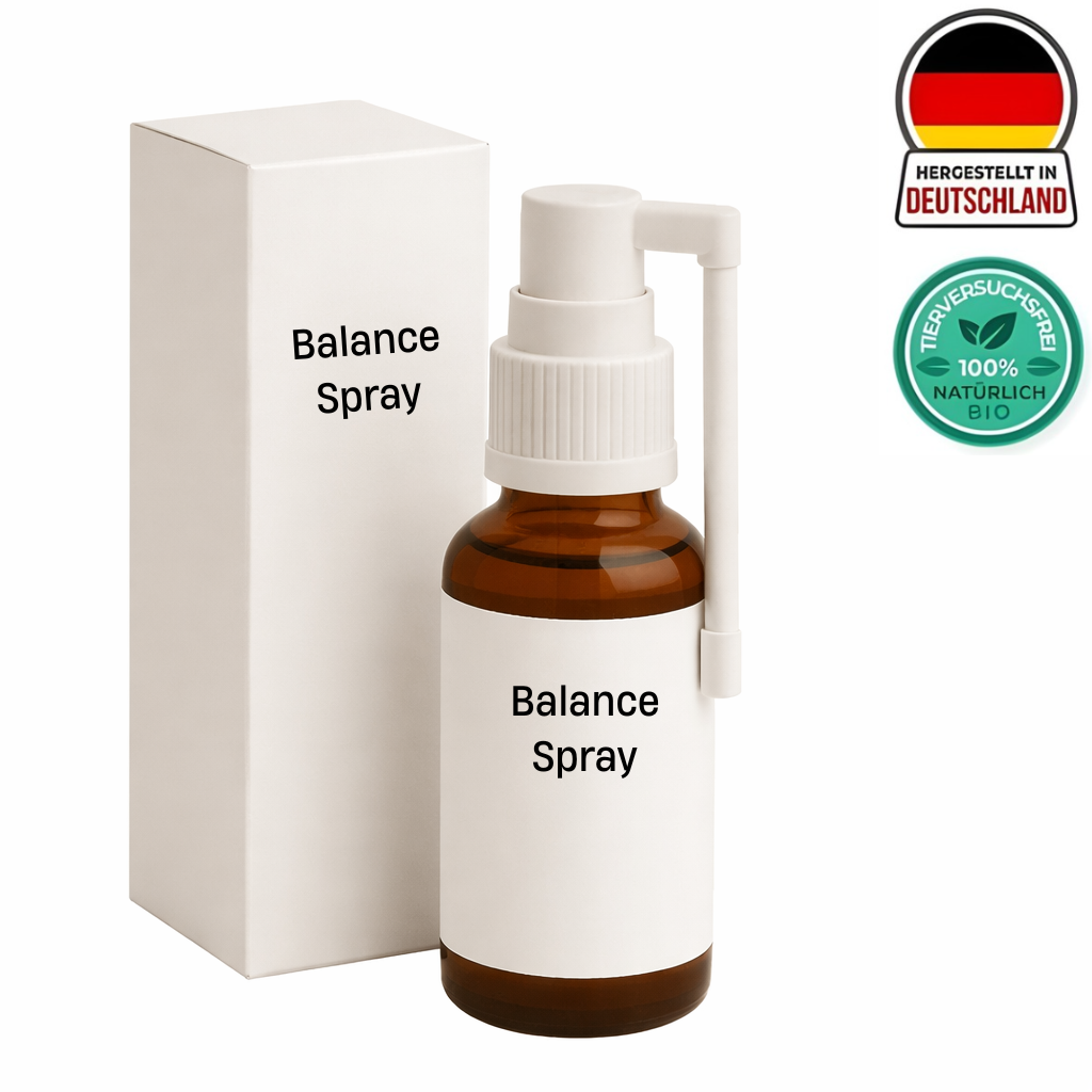Flasche mit Balance-Spray und Verpackung, ideal für tägliche Hautpflege-Routine.