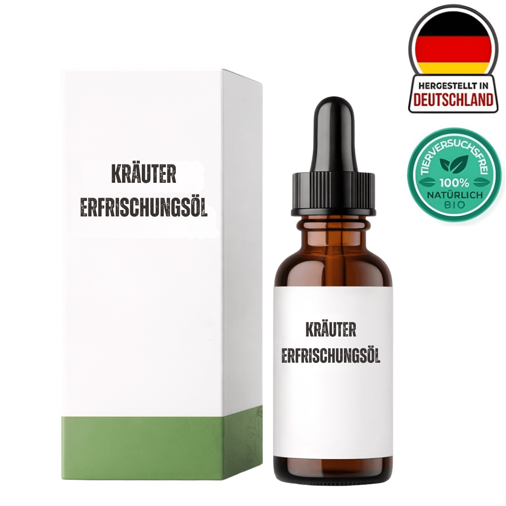Kräuter-Erfrischungsöl in einer braunen Glasflasche mit Verpackung für frische Hautpflege.