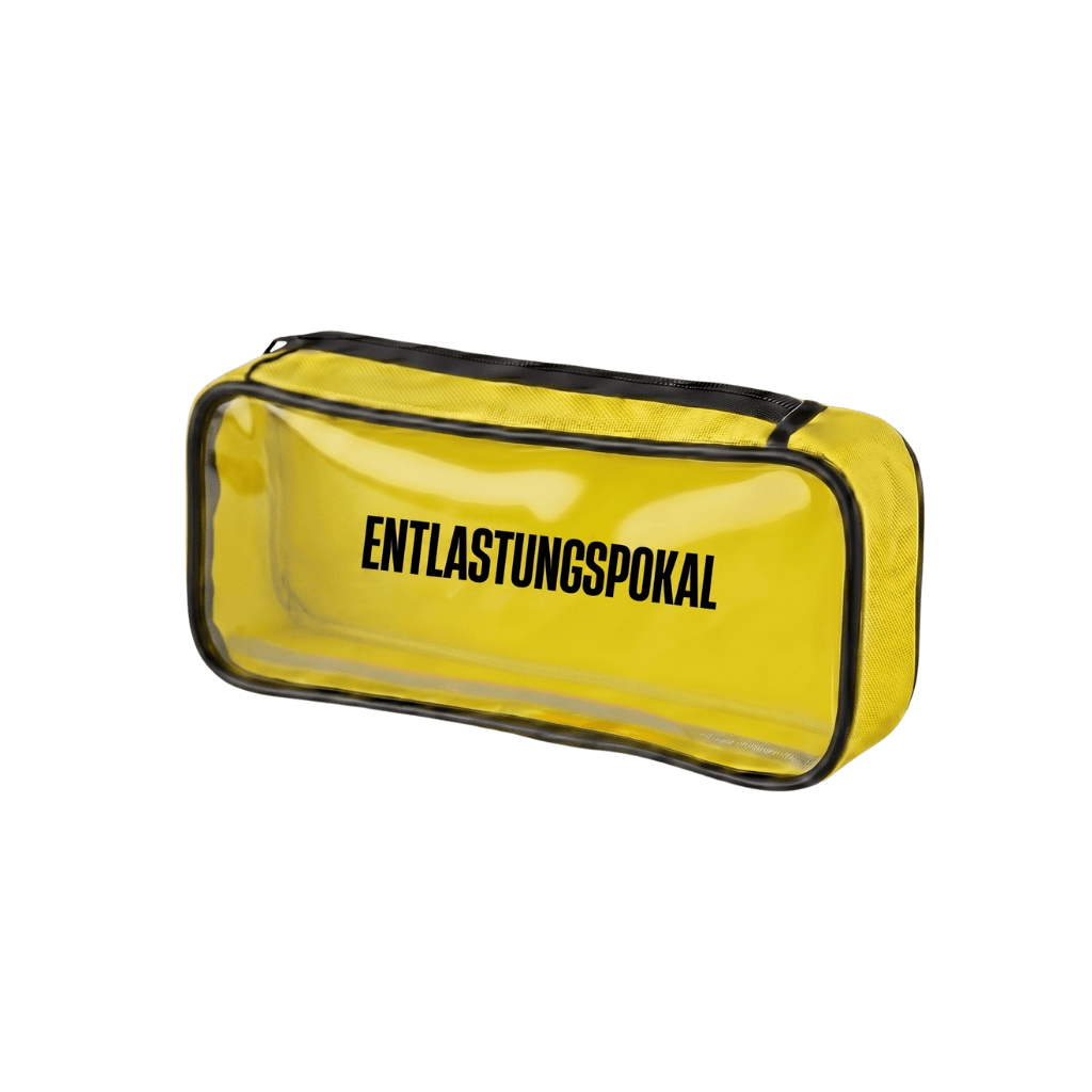 Durchsichtige gelbe Tasche mit dem Schriftzug 'ENTLASTUNGSPOKAL', ideal für praktische Aufbewahrung.