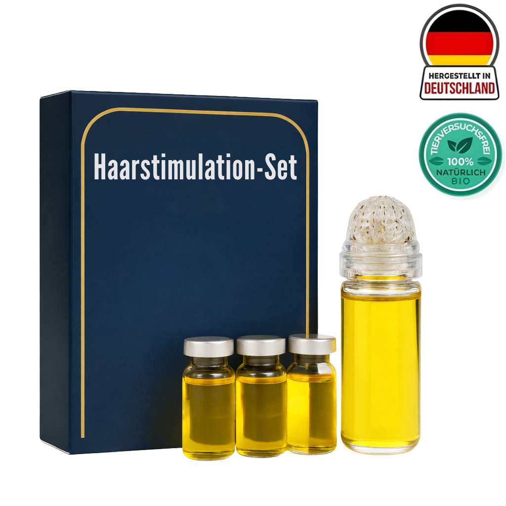 Haarstimulation-Set mit vier Ölen und einem Revitalizing Stick zur Haarpflege und -stimulation.
