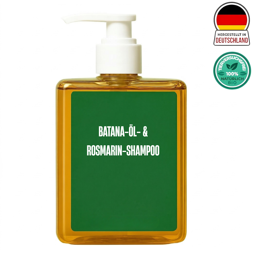 Batana-Öl- & Rosmarin-Shampoo in einer praktischen Flasche für glänzendes, geschmeidiges Haar.