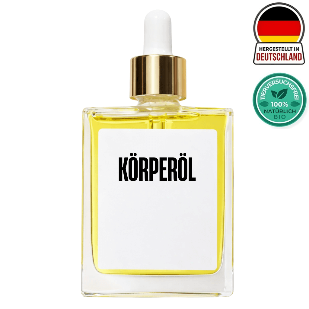 Körperöl in einer eleganten Flasche mit Pipette, hergestellt in Deutschland, 100% natürlich und bio.