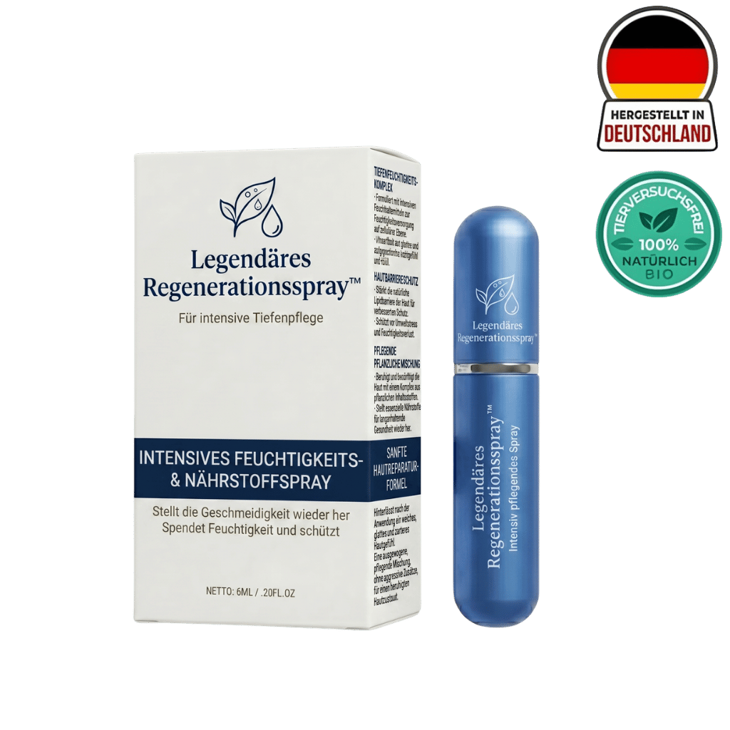 Legendäres Regenerationsspray in blauer Flasche mit Verpackung für intensive Hautpflege.
