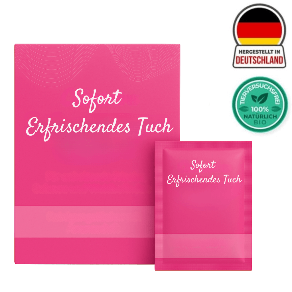 Sofort Erfrischendes Tuch in rosa Verpackung, hergestellt in Deutschland, ideal für einen frischen Look.