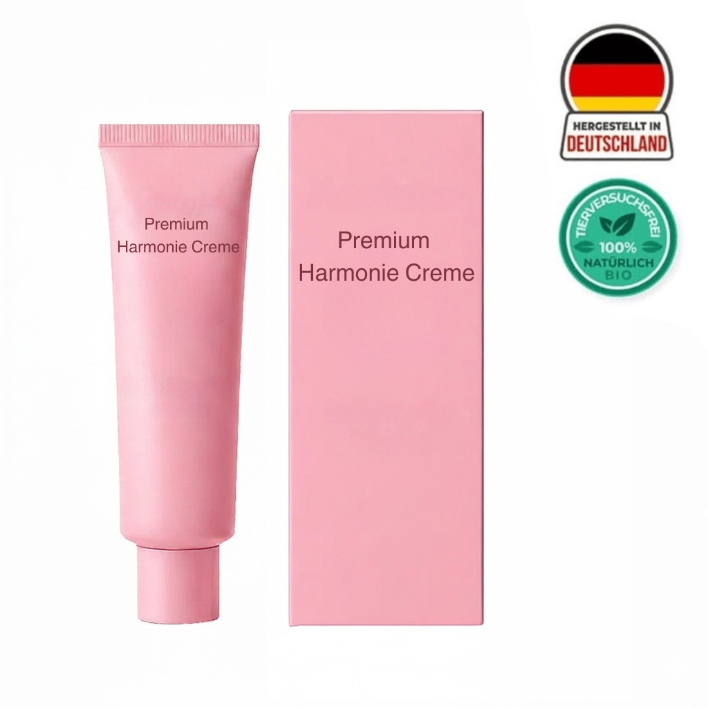 Premium Harmonie Creme Tube und Verpackung mit Bio-Zertifizierung in Rosa.
