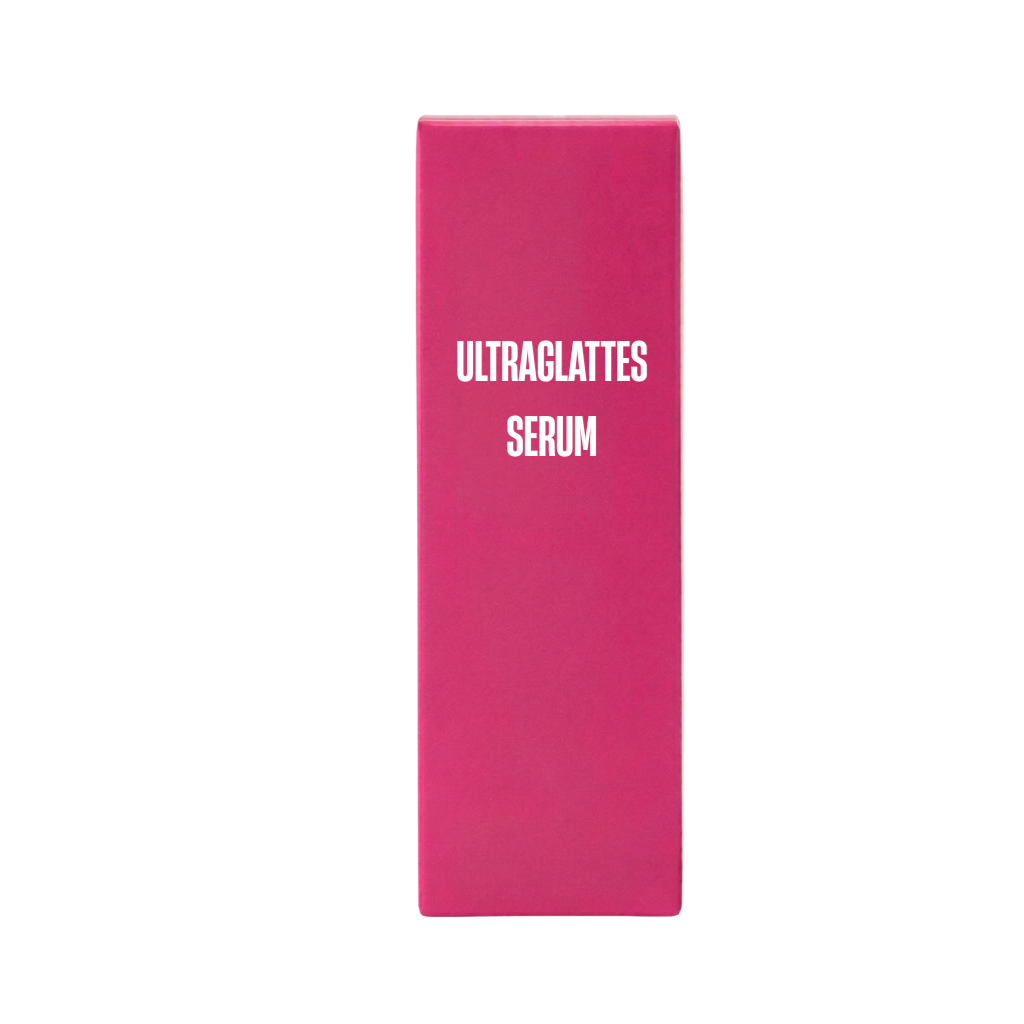Flasche des Ultraglattes Serum mit pinker Verpackung, perfekt für glatte und strahlende Hautpflege.