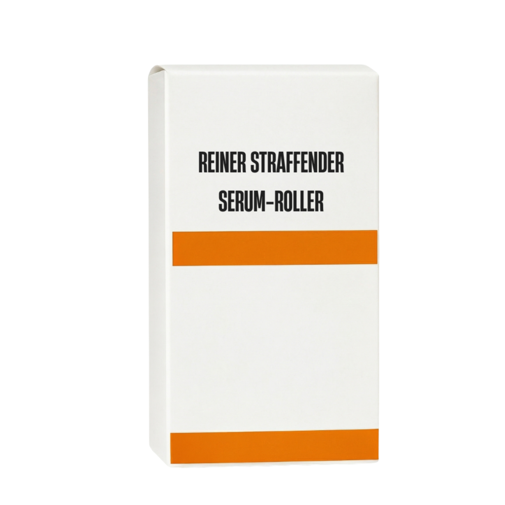 Reiner Straffender Serum-Roller Verpackung mit minimalistischem Design und orangefarbenen Akzenten.