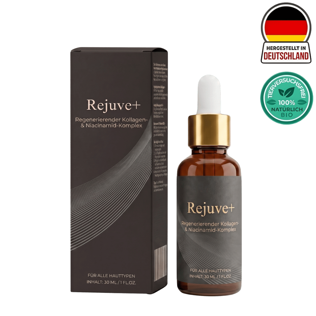 Rejuve+ Regenerierender Kollagen- und Niacinamid-Komplex mit Pipette in braunem Fläschchen und schwarzem Karton