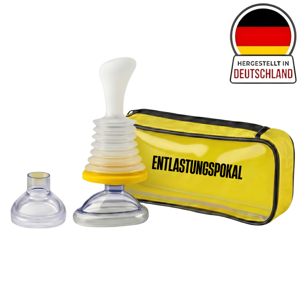 Ultimativer Entlastungsbecher im Set mit zwei Saugnäpfen und gelber Tragetasche, hergestellt in Deutschland.