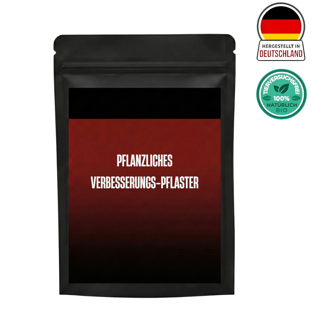 Pflanzliches Verbesserungs-Pflaster Verpackung mit umweltfreundlichen Siegeln und hergestellt in Deutschland.