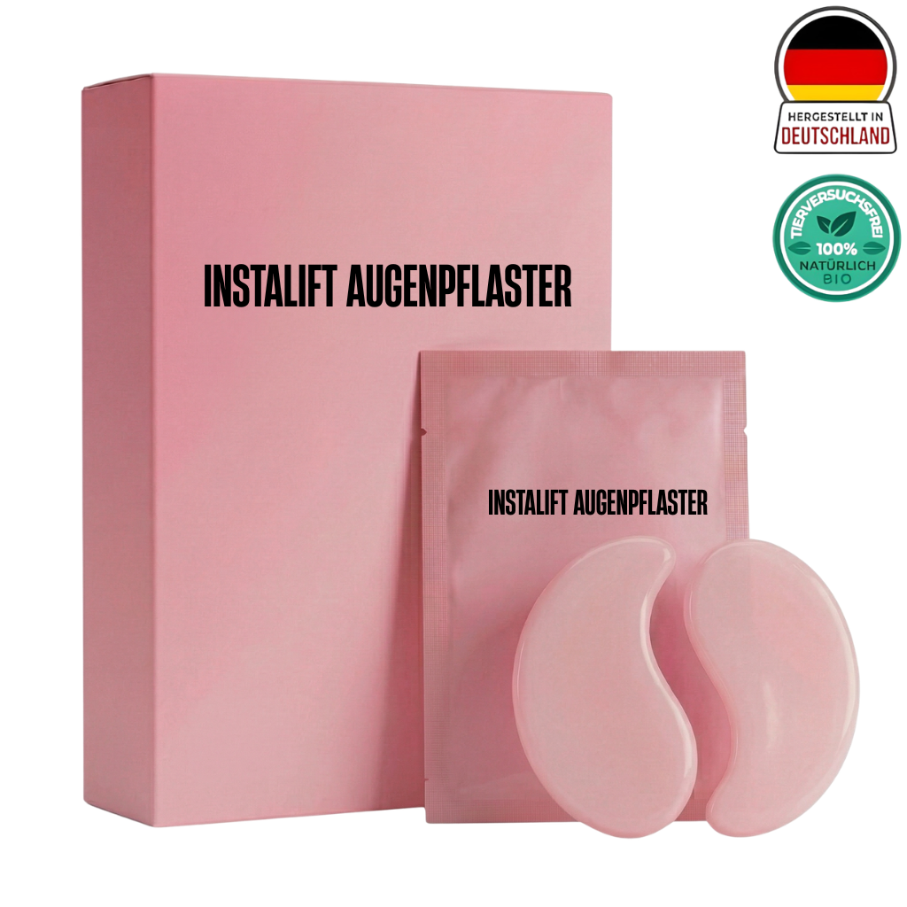 Produktbild von InstaLift Augenpflaster in rosa Verpackung und einzelnen Patches.