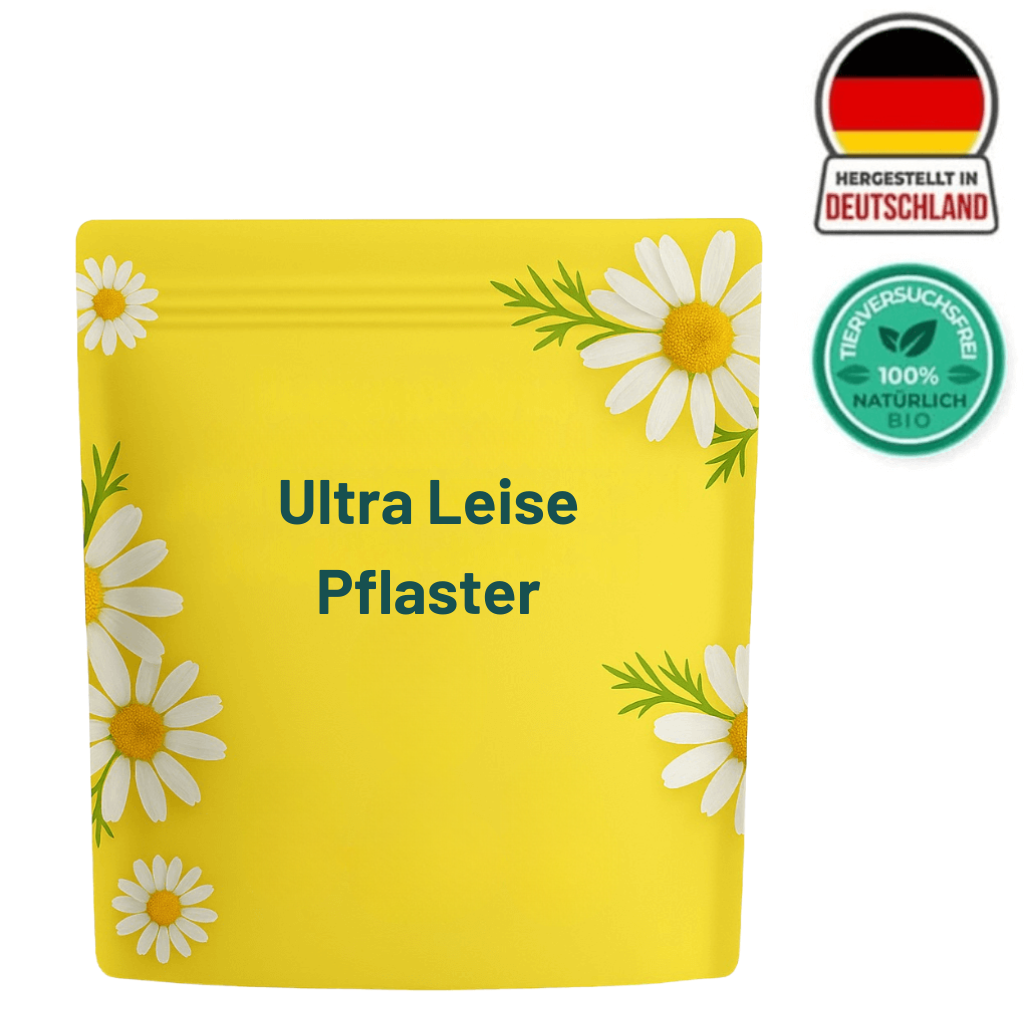 Verpackung von Ultra Leise Pflaster mit Blumenmuster und Labels für Bio-Qualität und deutsche Herstellung.