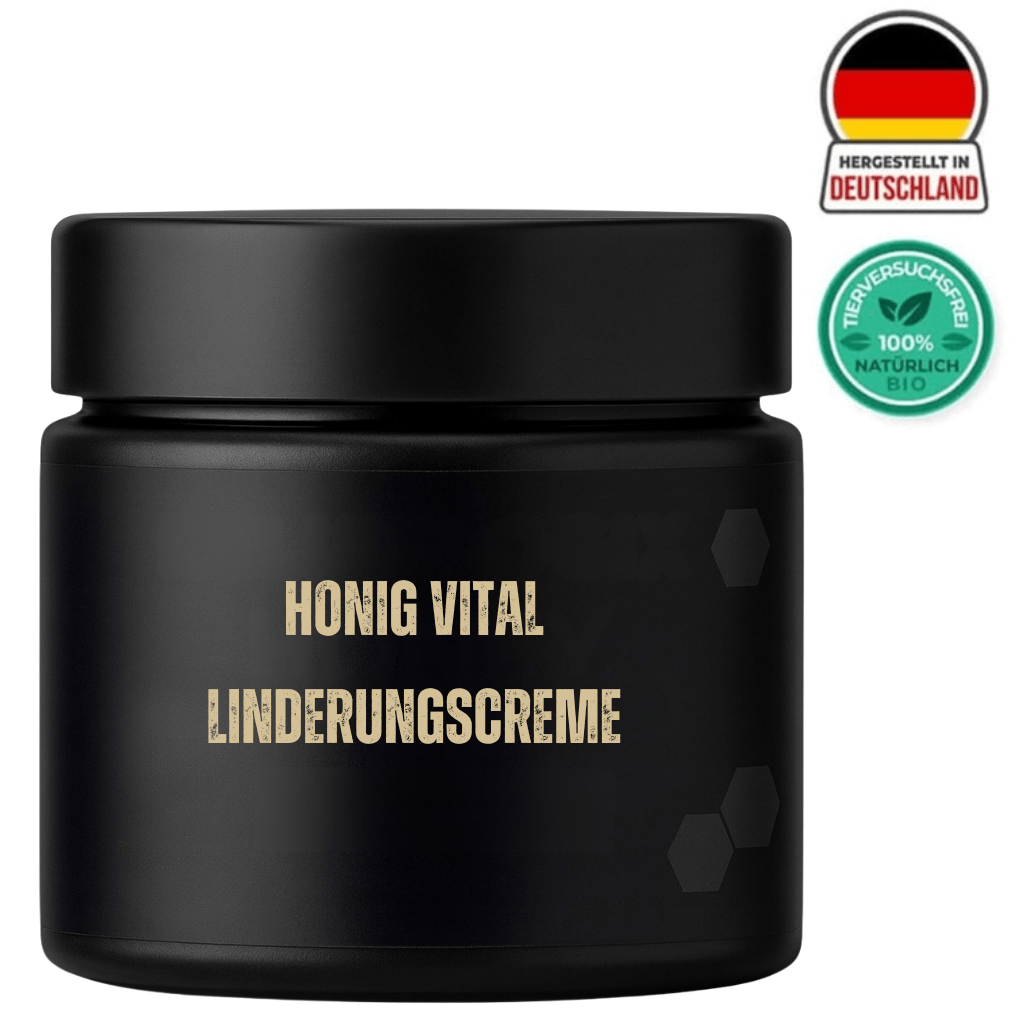 Honig Vital Linderungscreme in einem eleganten schwarzen Tiegel mit bio-zertifizierten Siegeln.