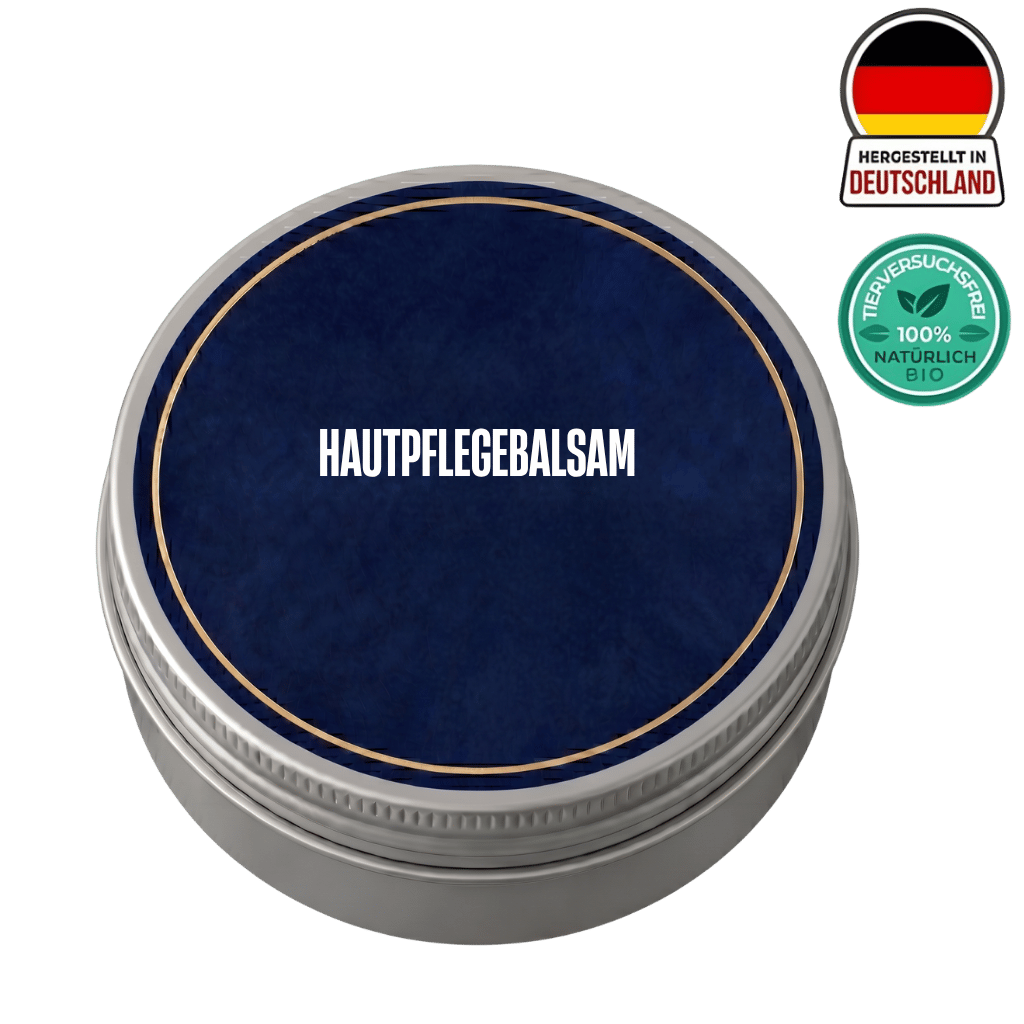 Hautpflegebalsam Dose mit natürlichem Inhalt, hergestellt in Deutschland, für sanfte Hautpflege.