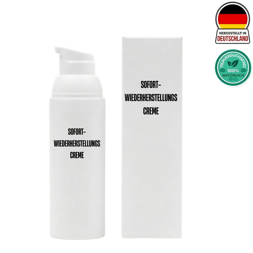 Sofort-Wiederherstellungscreme in einer weißen Flasche und Verpackung, sanfte Beauty-Creme zur Hautpflege