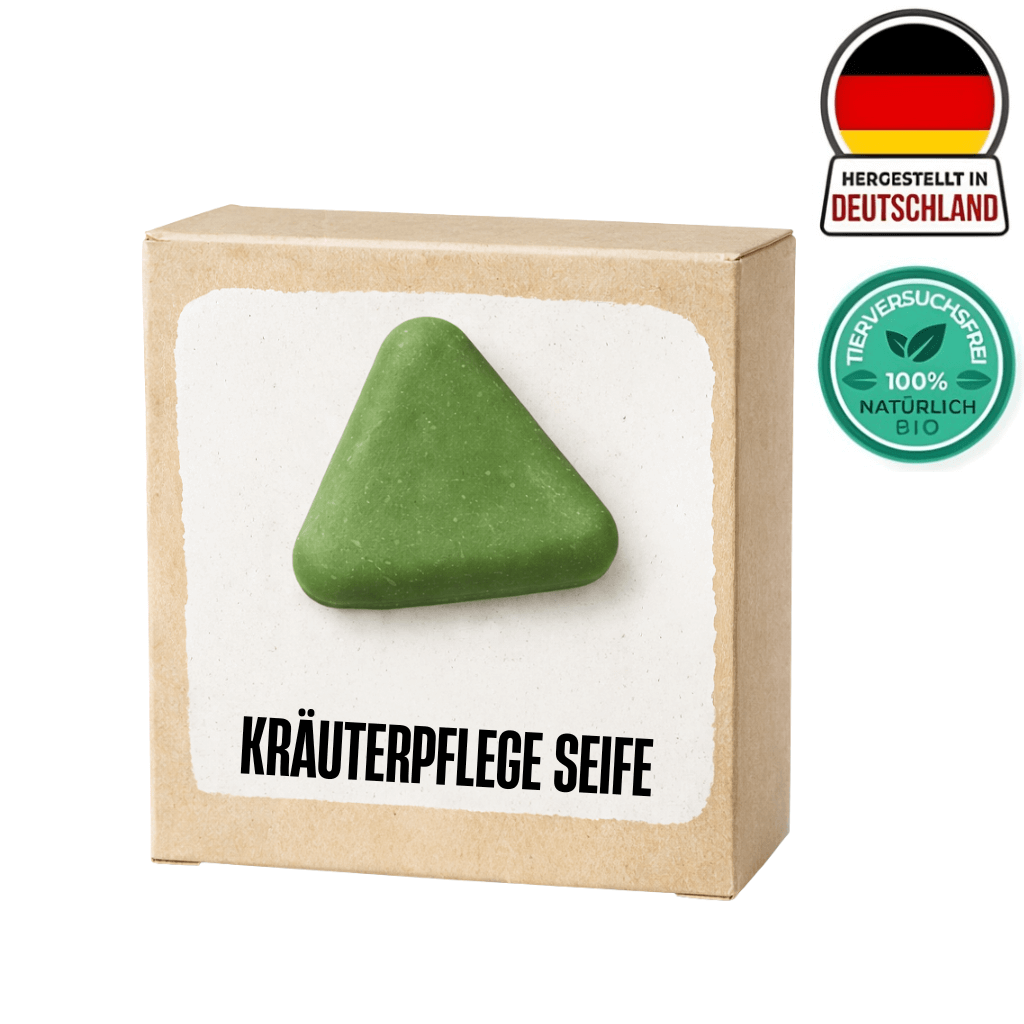 Kräuterpflege Seife in einer umweltfreundlichen Verpackung, hergestellt in Deutschland, für tägliche Haarpflege.