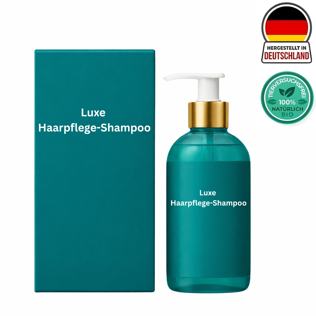 Luxe Haarpflege-Shampoo in einer grünen Flasche mit goldener Pumpe und passender Verpackung.