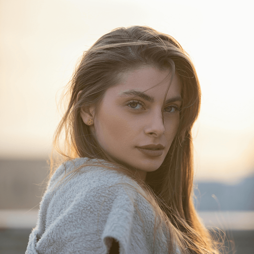 Haarpflegeserum Anwendung für glattes und glänzendes Haar, Model mit seidigen Haaren bei Sonnenuntergang.