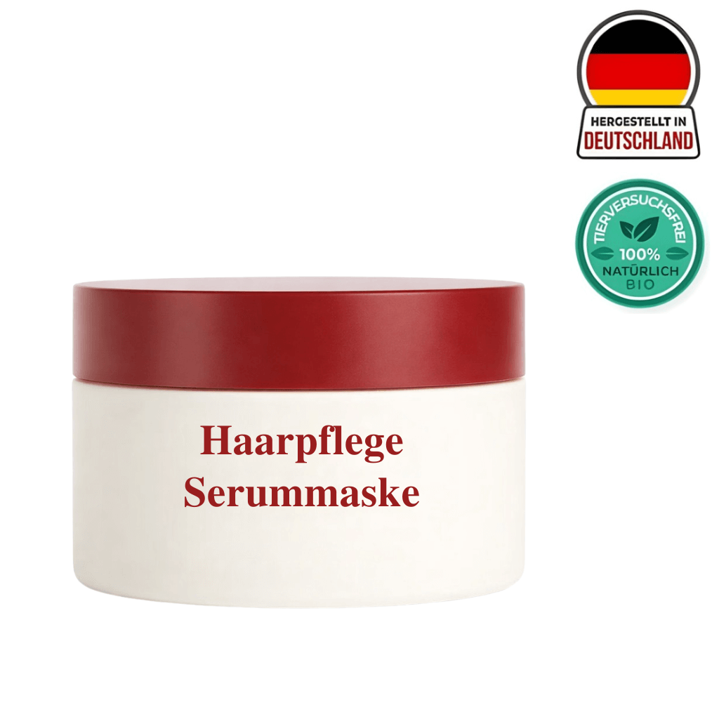 Haarpflege-Serummaske in einer eleganten Dose mit rotem Deckel, hergestellt in Deutschland, 100% natürlich.