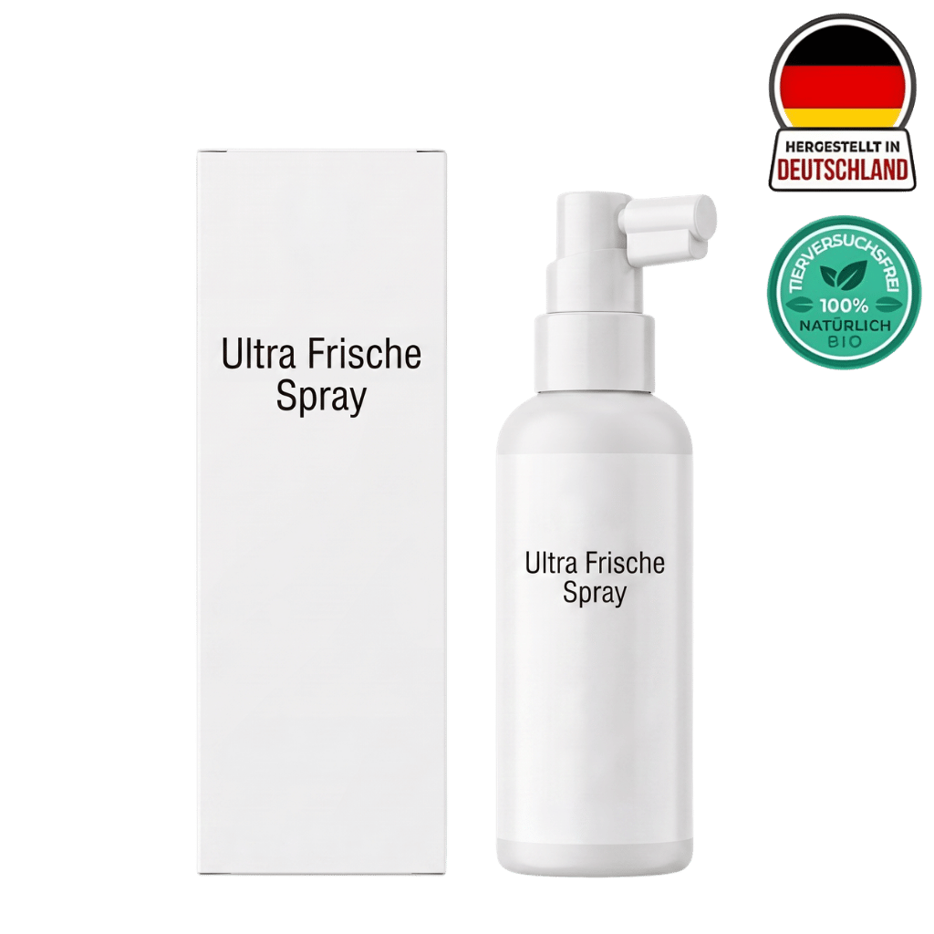Ultra Frische Spray in einer weißen Flasche mit einer Verpackung, ideal für die tägliche Hautpflege.