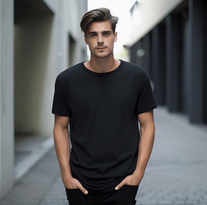 Junger Mann in schwarzem T-Shirt, steht in einer urbanen Umgebung, ideal für Mode- und Lifestyle-Fotografie.