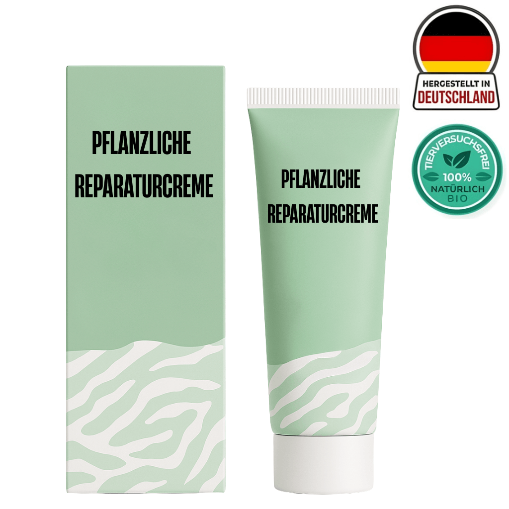 Pflanzliche Reparaturcreme in Tube und Verpackung, hergestellt in Deutschland, 100% natürlich und bio.