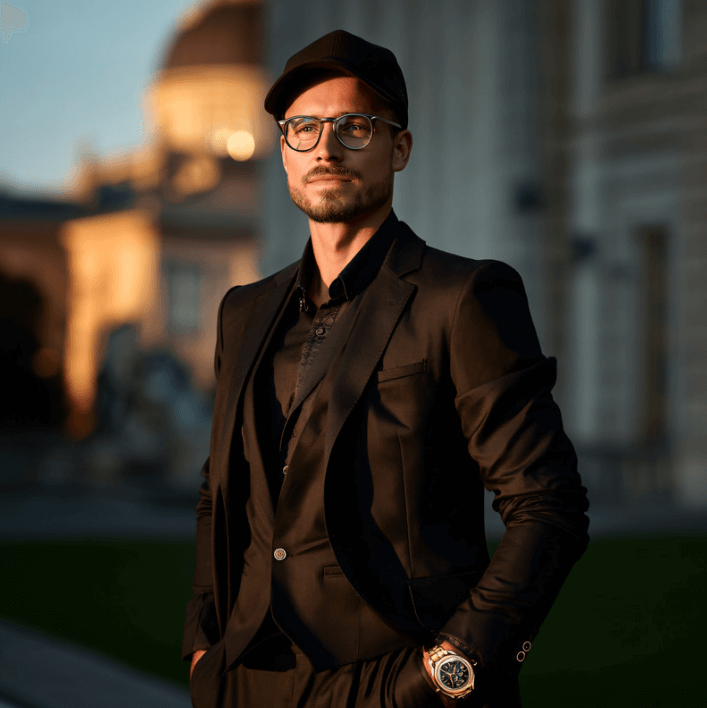 Stylish man in a black suit and cap, wearing glasses, posing outdoors, exuding confidence and sophistication.