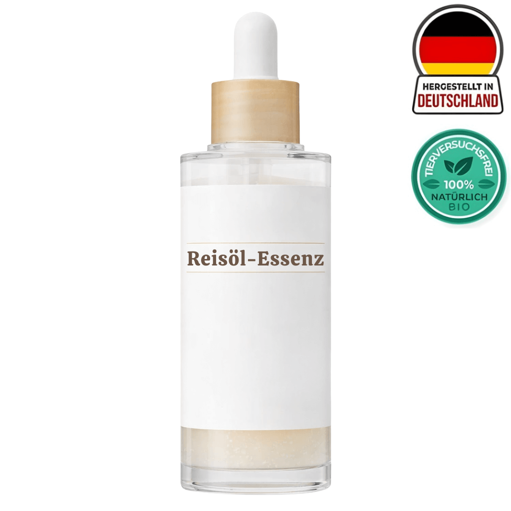 Reisöl-Essenz in einer transparenten Flasche mit Pipette, hergestellt in Deutschland, 100% natürlich bio.