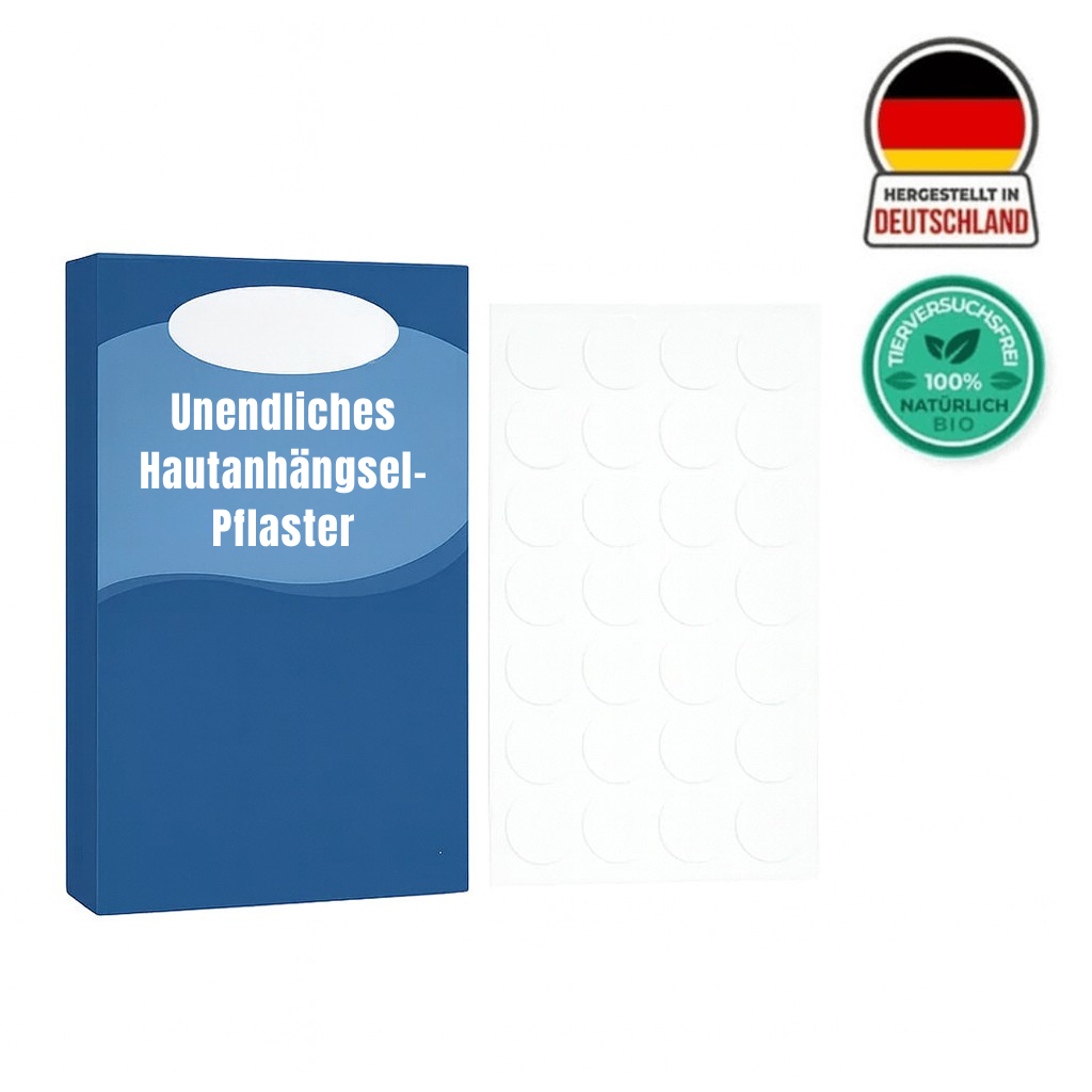 Unendliches Hautanhängsel-Pflaster Packung mit transparenten Patches für ein glatteres Hautbild, hergestellt in Deutschland.
