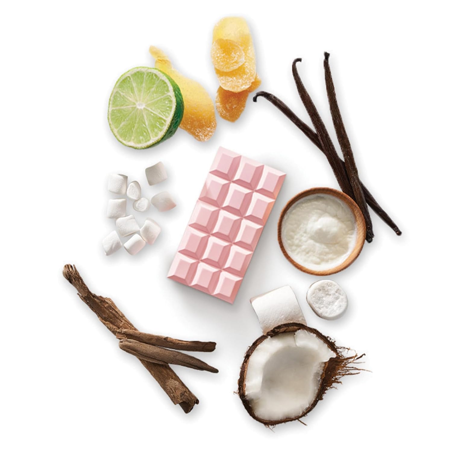 Glinterra Aroma‑Eleganz mit Zitrusnoten, Vanille, Kokosnuss und süßen Akzenten in einem kreativen Arrangement.