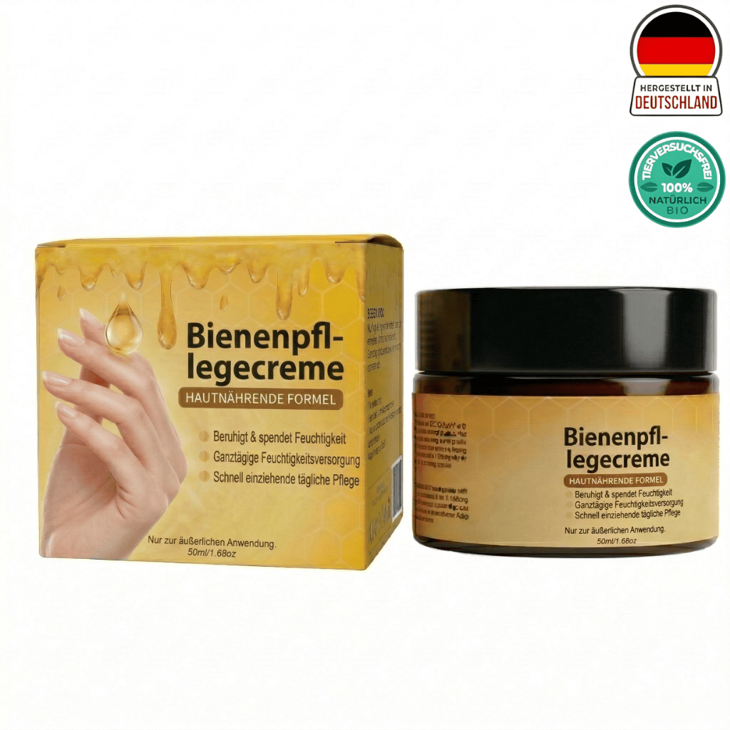 Luxuriöse Bienenpflegecreme in einer Tiegel und Box, feuchtigkeitsspendende Formel für die tägliche Hautpflege.