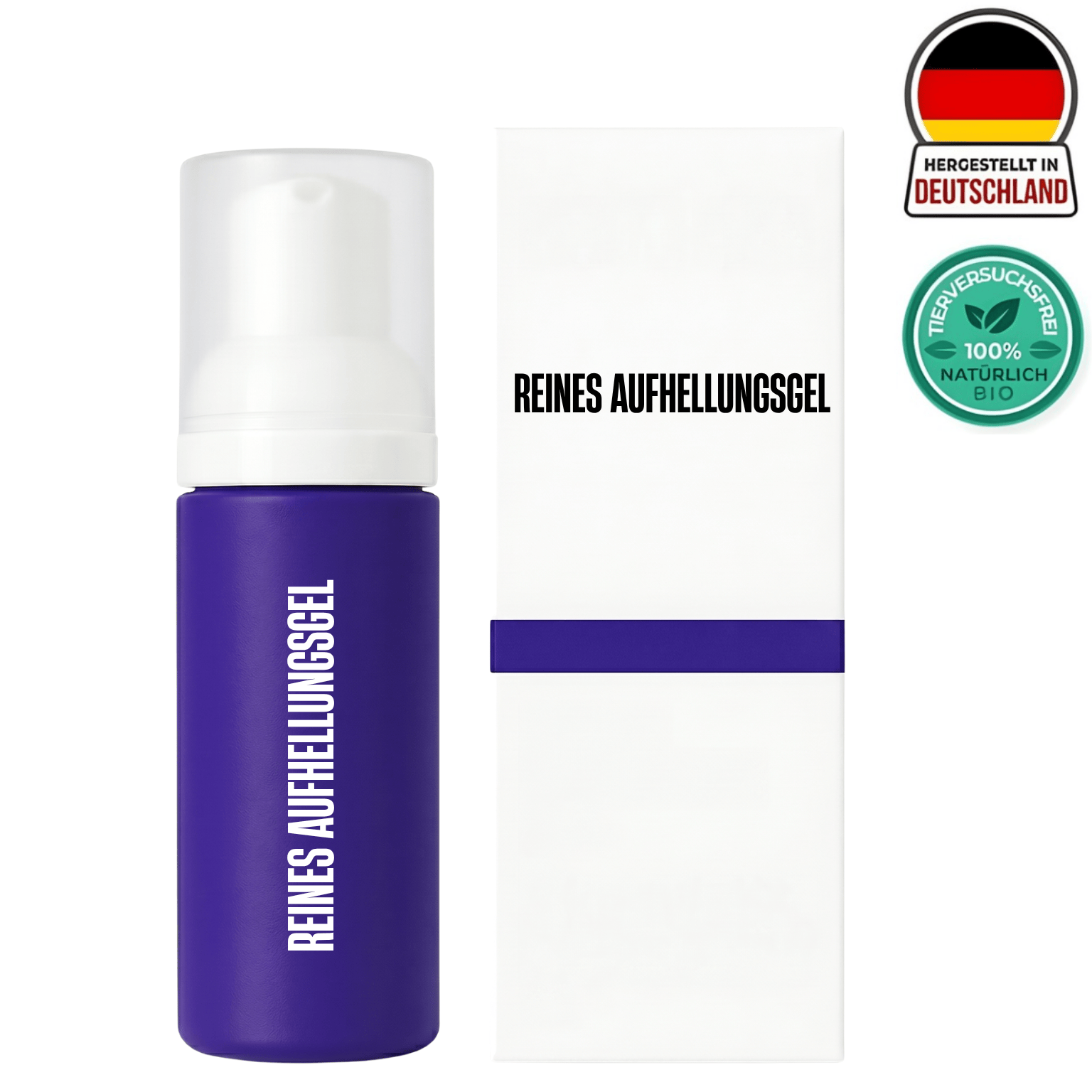 Reines Aufhellungsgel in lila Flasche mit weißem Pumpspender und Verpackung, hergestellt in Deutschland.