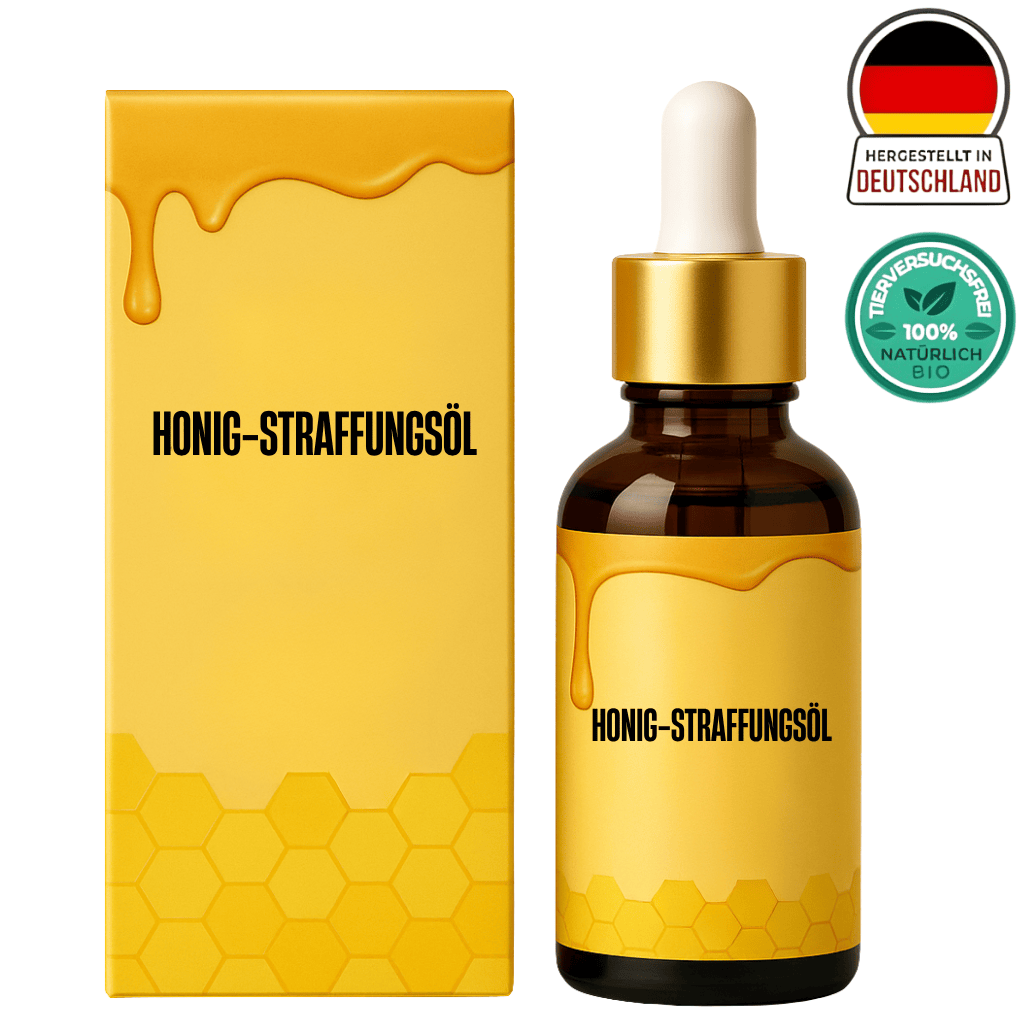 Honig-Straffungsöl Flasche und Verpackung, hochwertiges pflanzliches Hautstraffungsöl für straffe Haut.