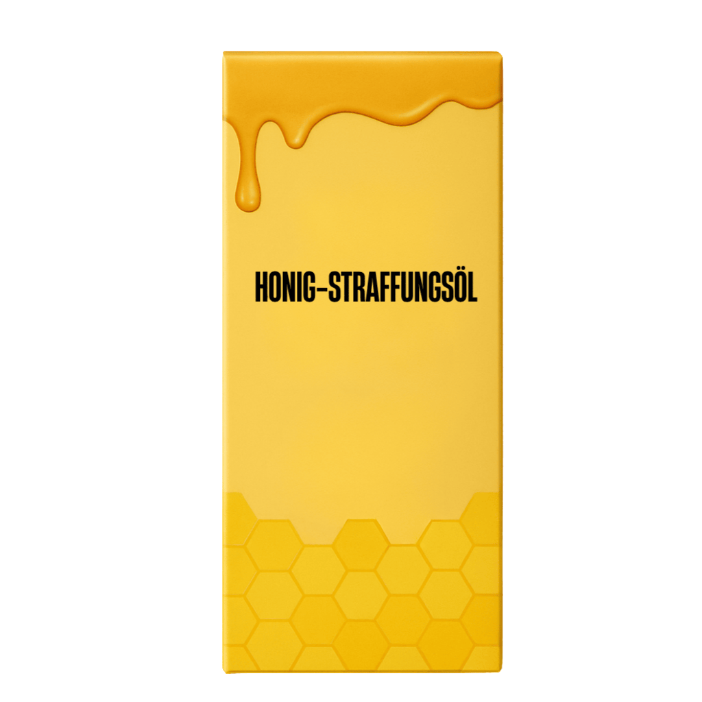 Honig-Straffungsöl Verpackung mit Honigtropfen und honigwabenähnlichem Design.