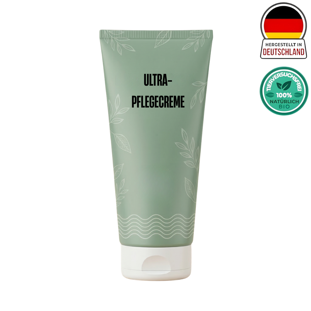 Ultra-Pflegecreme in einer grünen Tube, hergestellt in Deutschland, für tägliche Hautpflege.