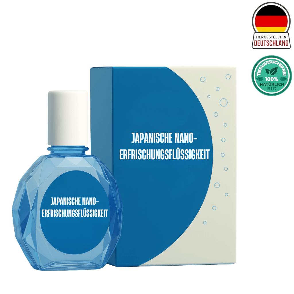 Japanische Nano-Erfrischungsflüssigkeit in blauer Flasche mit Verpackung, bietet ein frisches Erscheinungsbild.