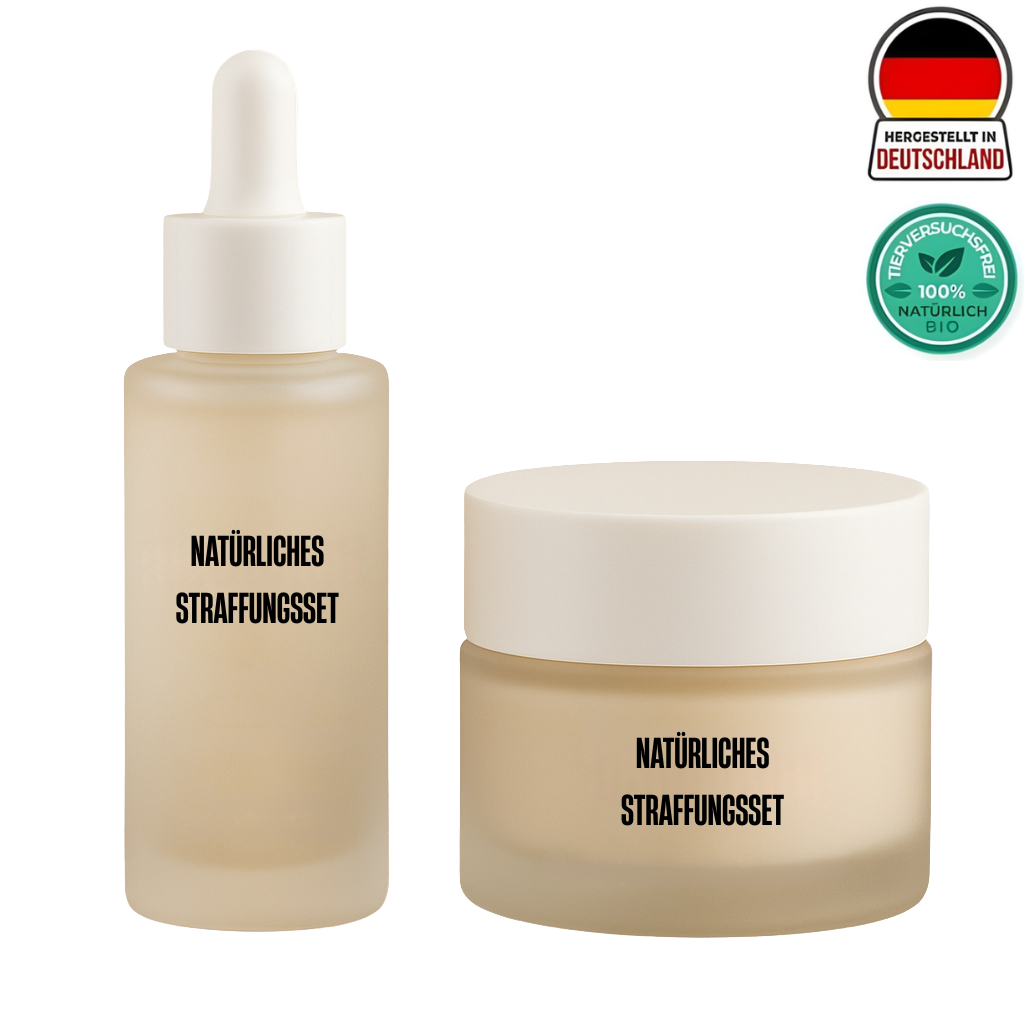 Premium Natürliches Straffungsset in einer eleganten Flasche und Tiegel für straffe Haut.